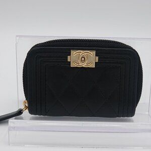 Chanel Boy Zip Around Coin Purse Wallet Lambskin Black